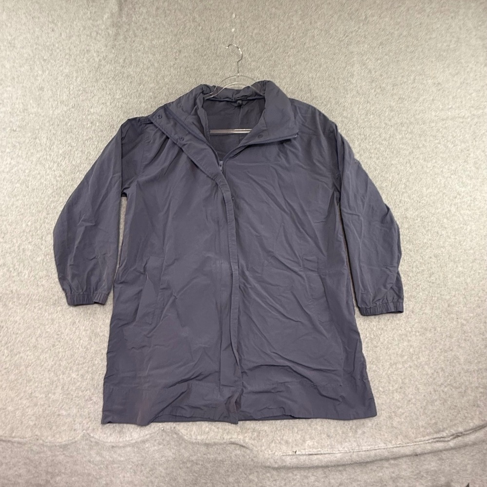 Eileen Fisher Jacket Womens L Blue Organic Cotton Nylon Hidden Hood Zip Front